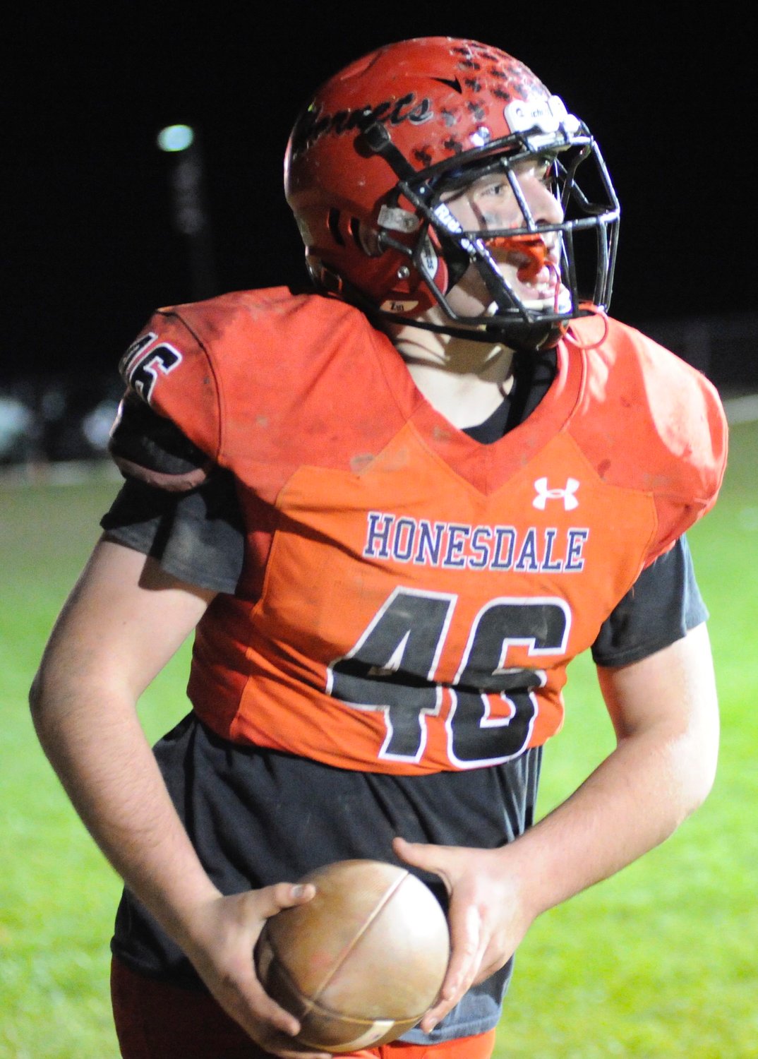 Scored one for the home team. Honesdale’s Arron Phillips scored from the 1-yard line in the second frame, and racked up a total of 15 yards, in the Hornets 47-0 victory over Wes Scranton on October 28, 2021.